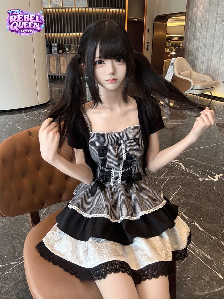 Elastic Lace Trim - コケットスイート Y2K キャミソールドレスセット女性ストライプボウレーストリムクロップドカーディガンシャーリングスリムフィットミニドレスパーティー衣装