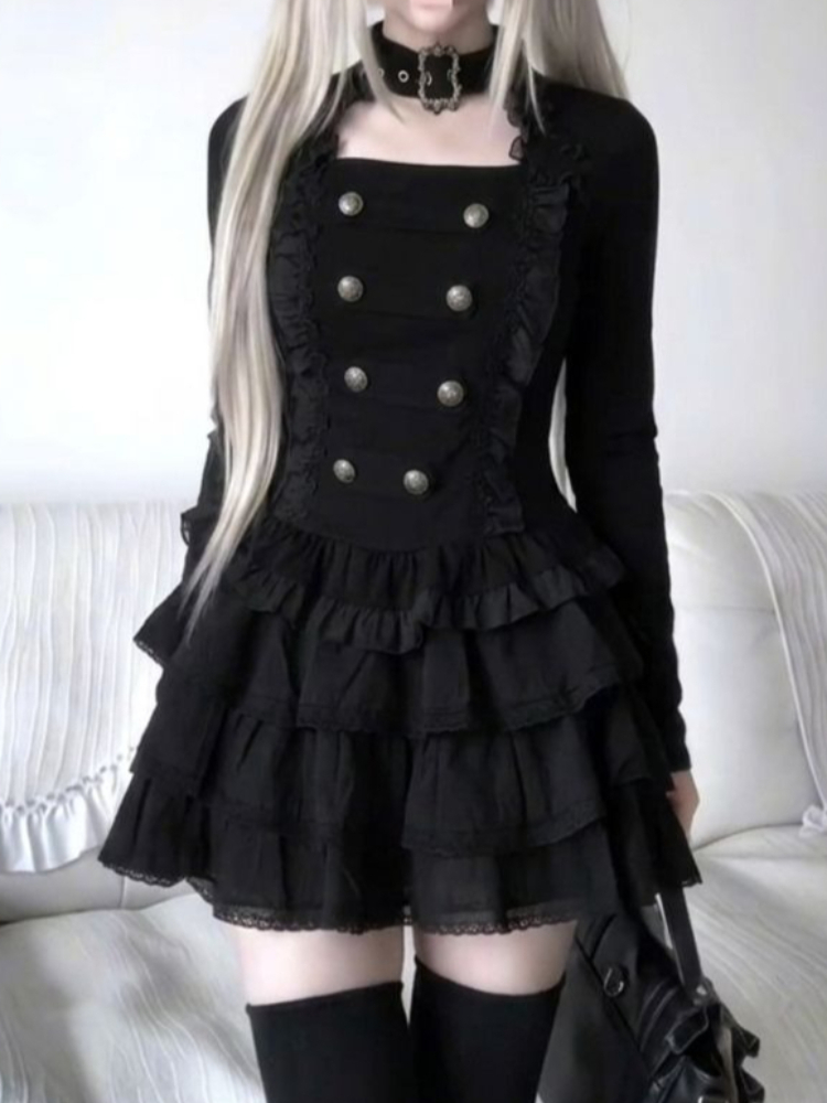 Elastic Lace Trim - ゴシック・原宿・ロリータ 2ピースセット レディース ダブルブレスト ラッフルレーストリム 長袖