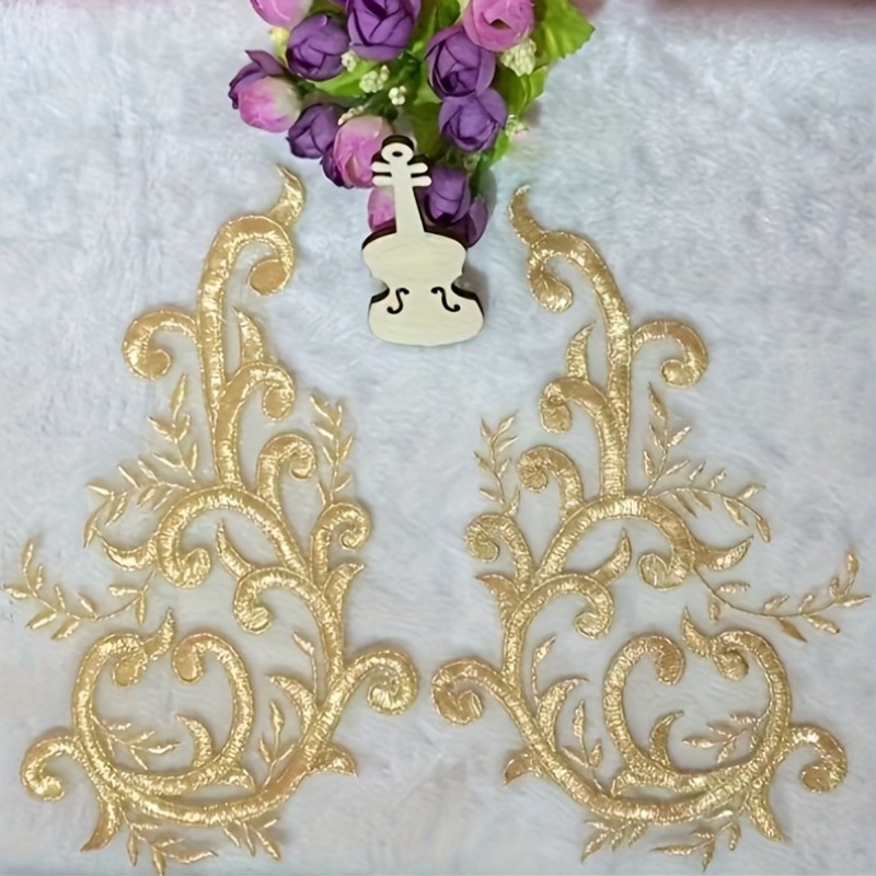 Applique Patch Flower - 2ペアのゴールドレース生地の花の枝アップリケ刺繍ウェディングドレスの襟メッシュ縫い付けパッチ、ドレスDIYデコレーション用