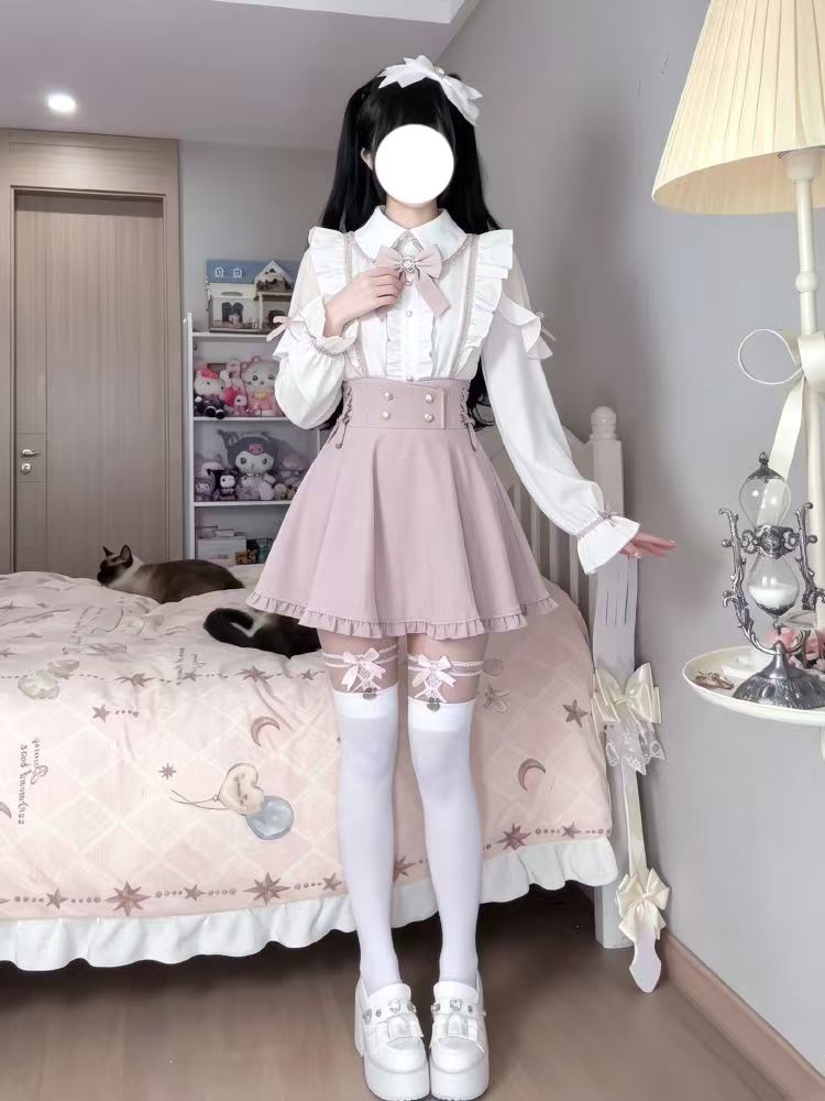 日本のスイートロリータ2ピースセット、女性用コールドショルダ - Elastic Lace Trim のレビューと価格